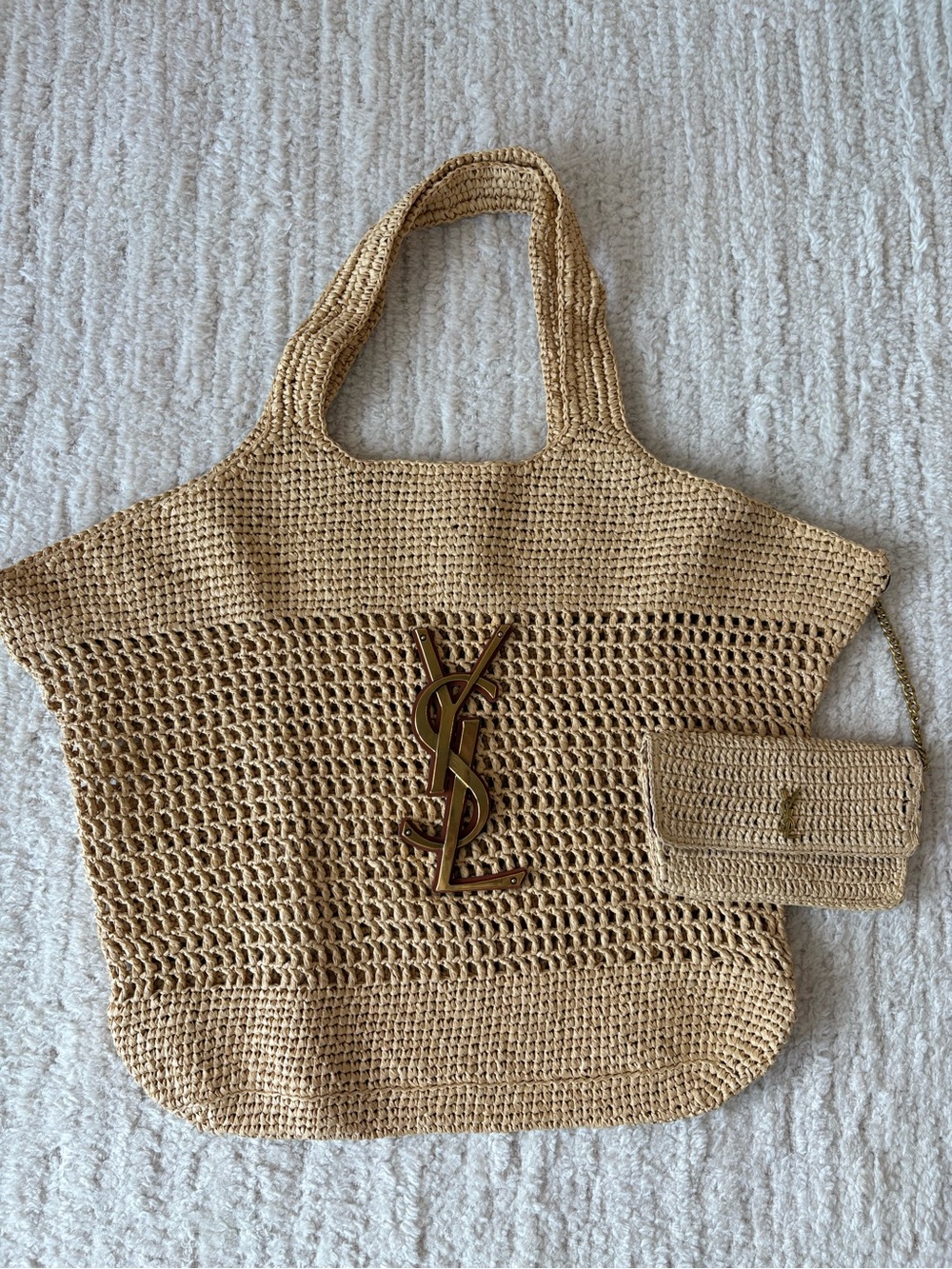 Saint Laurent logo Natural Raffia Crochet Tote with Gold YSL Logo